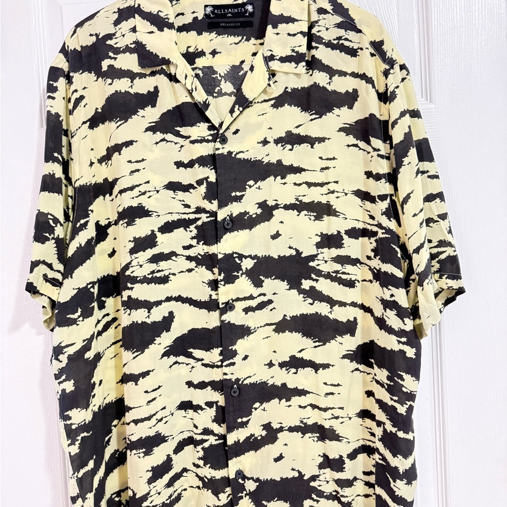 All Saints Men's Black and Cream Patterned Shirt